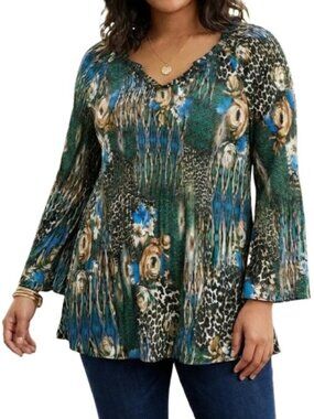 Ninety Clothing Co. Plus Accordion Pleat Blouse Green Multicolor Abstract Print